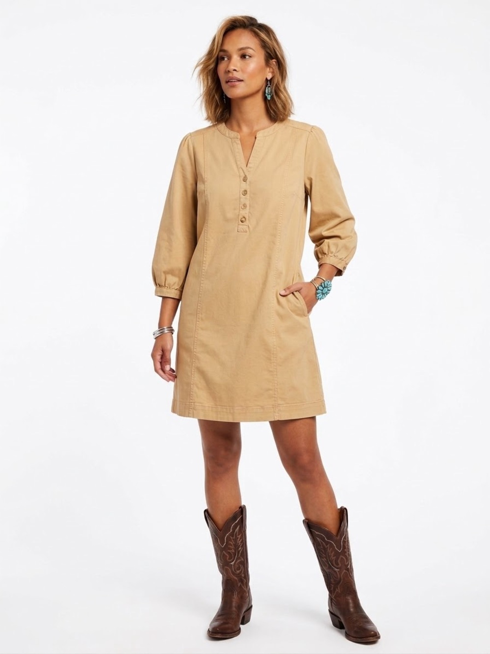 Draper James $138 P2P 21-22” Felicity Popover Shift Cotton Dress Tan XL pockets